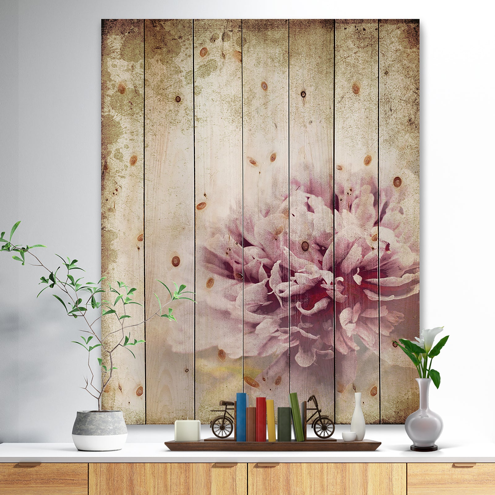 Pink Peony in Vintage Style - Floral Art Print on Natural Pine Wood