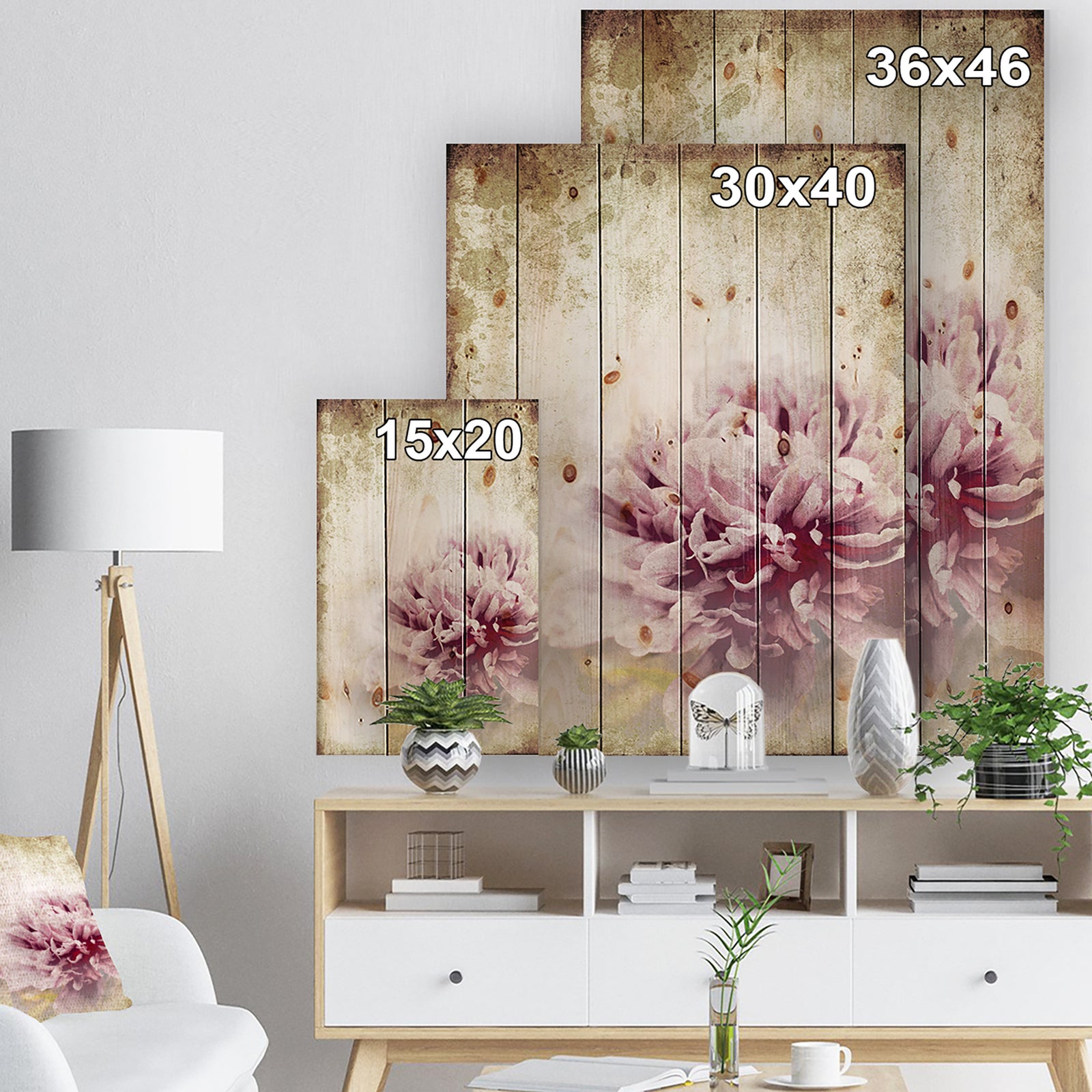 Pink Peony in Vintage Style - Floral Art Print on Natural Pine Wood
