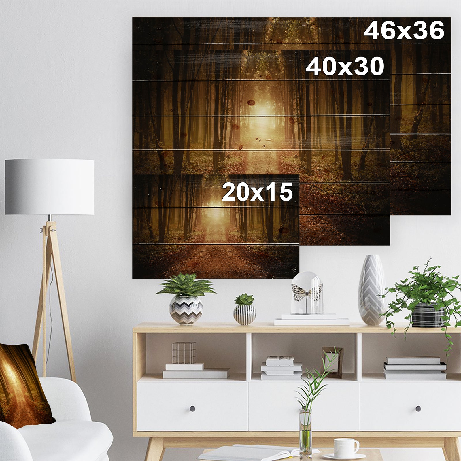 Road in Symmetrical Forest - Landscape Photography Print on Natural Pine Wood
