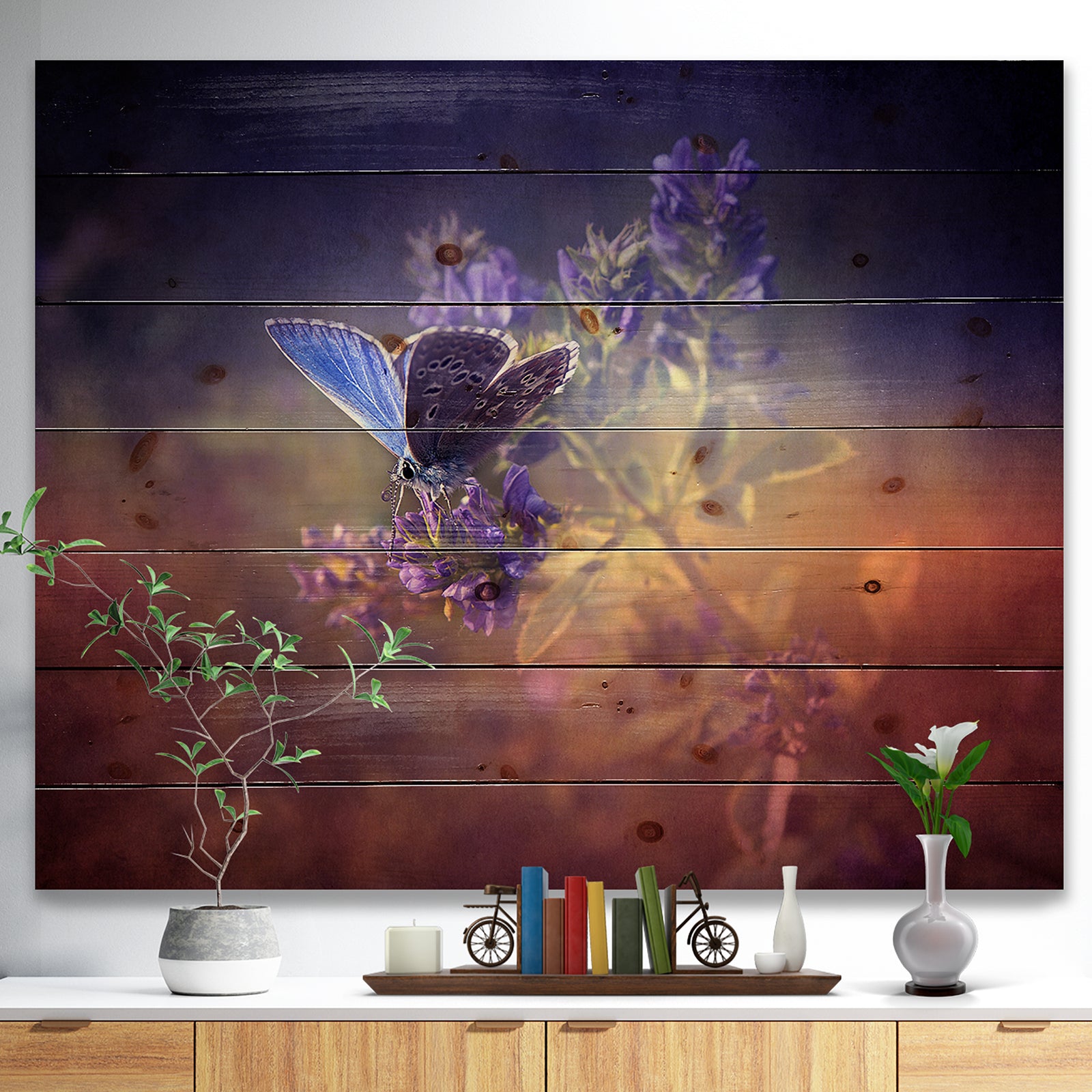 Vintage Butterfly - Floral Art Print on Natural Pine Wood