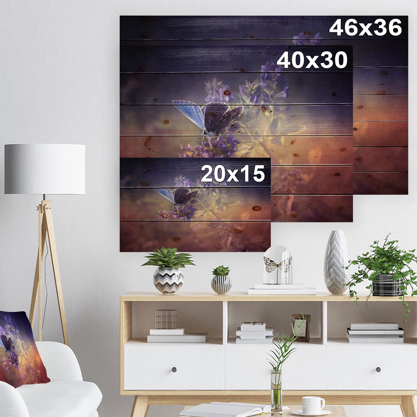 Vintage Butterfly - Floral Art Print on Natural Pine Wood