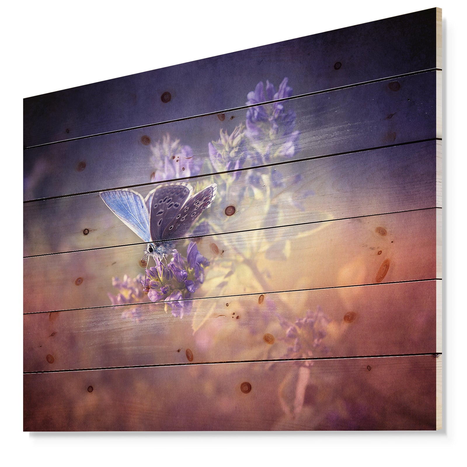Vintage Butterfly - Floral Art Print on Natural Pine Wood