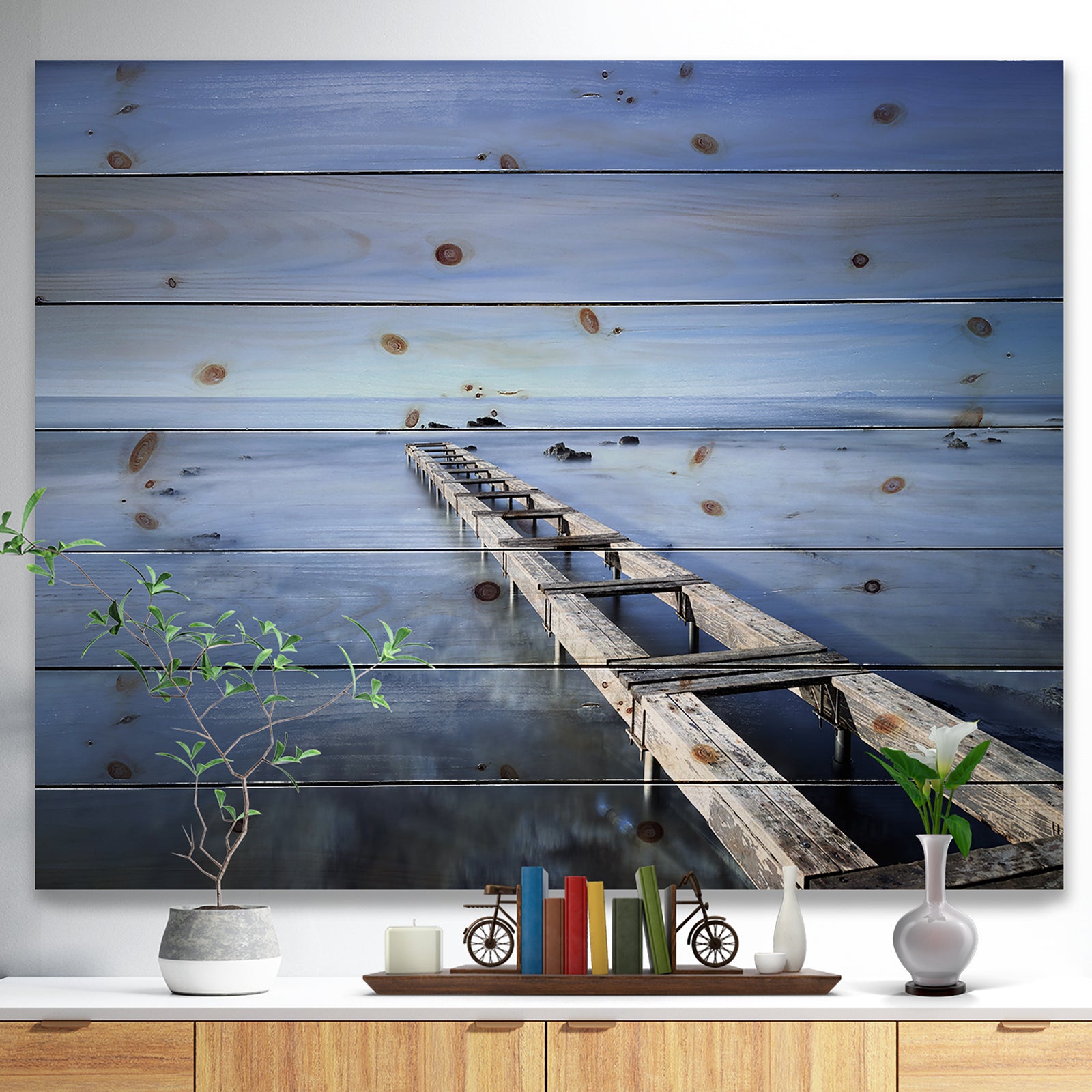 Dark Blue Sky and Large Pier - Seascape Print on Natural Pine Wood