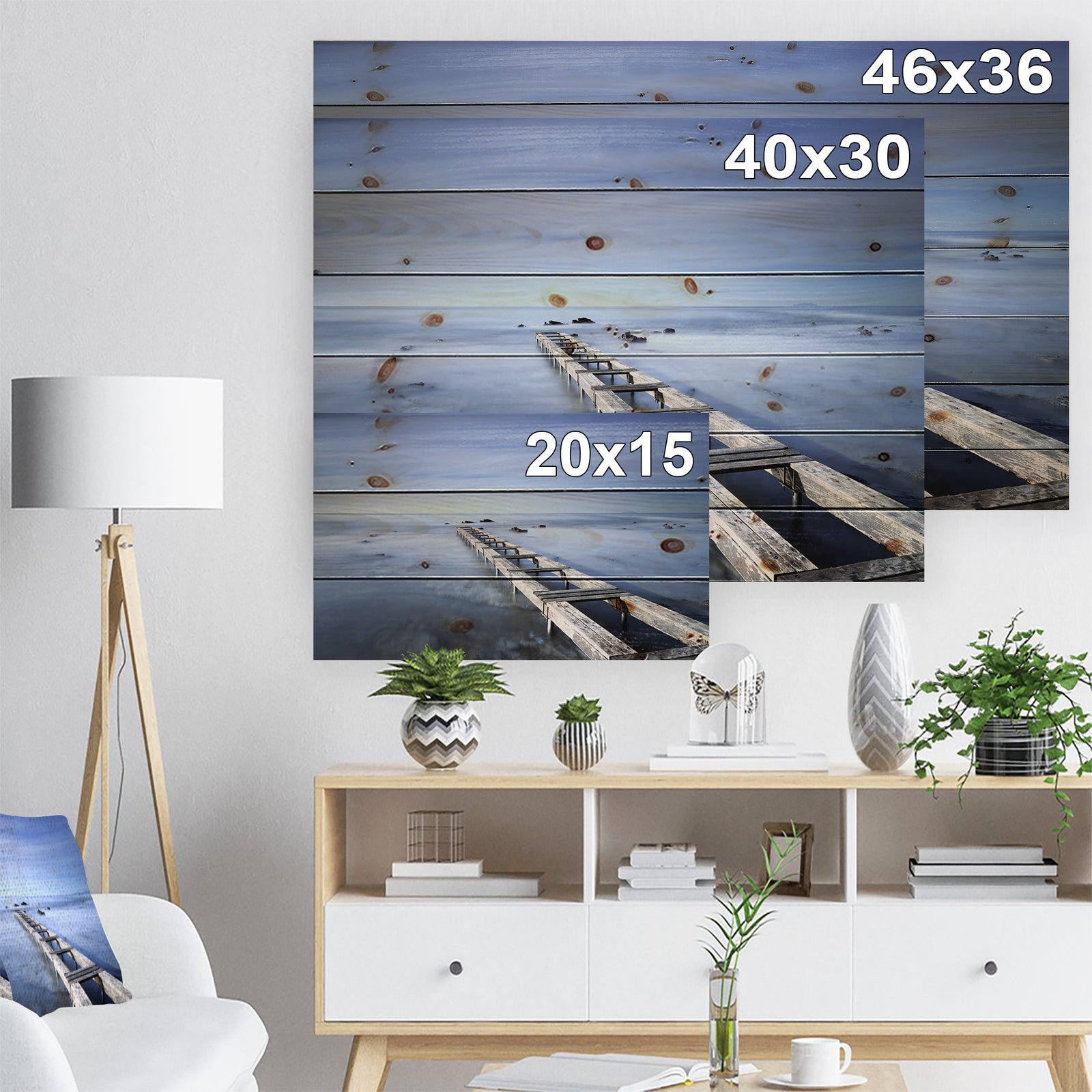 Dark Blue Sky and Large Pier - Seascape Print on Natural Pine Wood