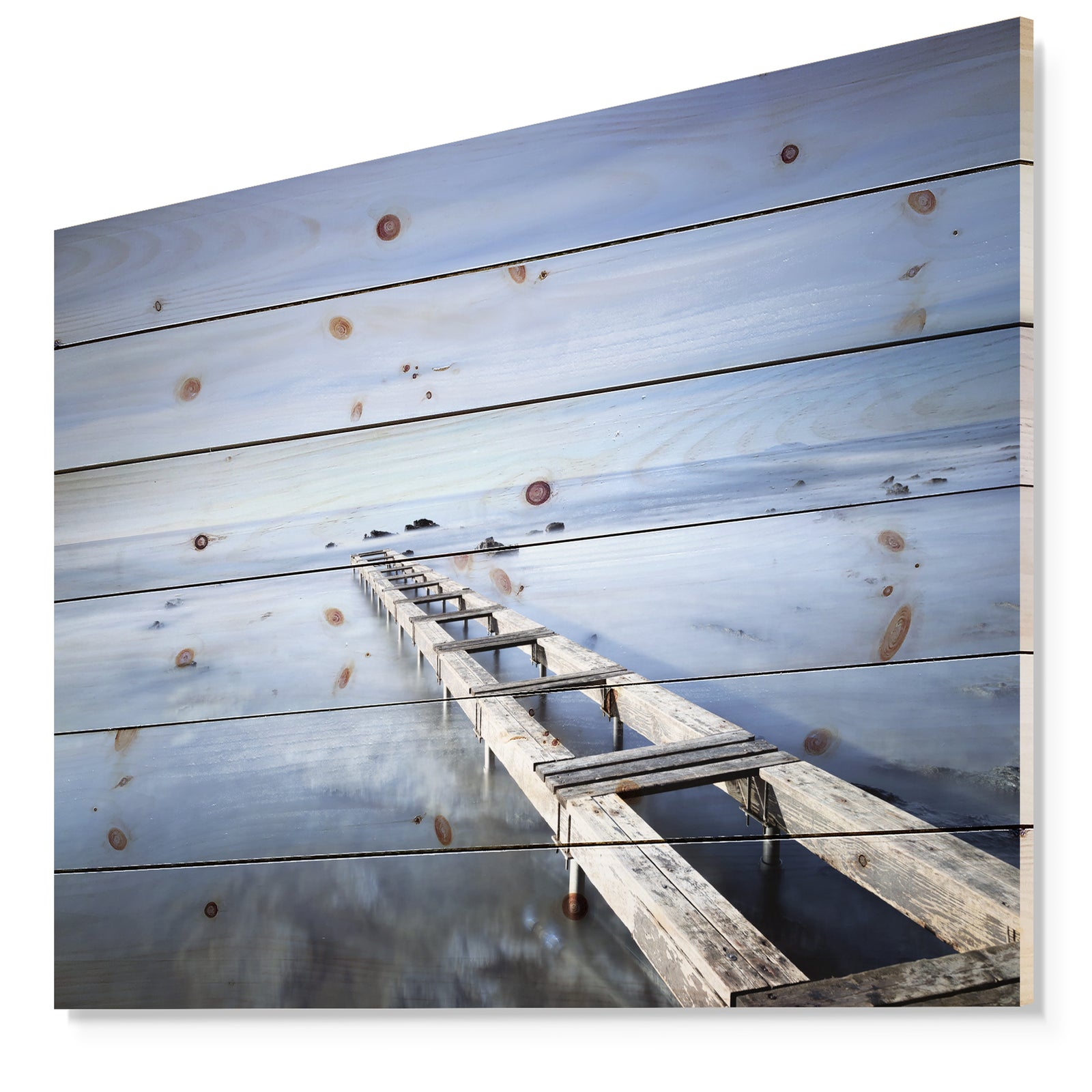 Dark Blue Sky and Large Pier - Seascape Print on Natural Pine Wood
