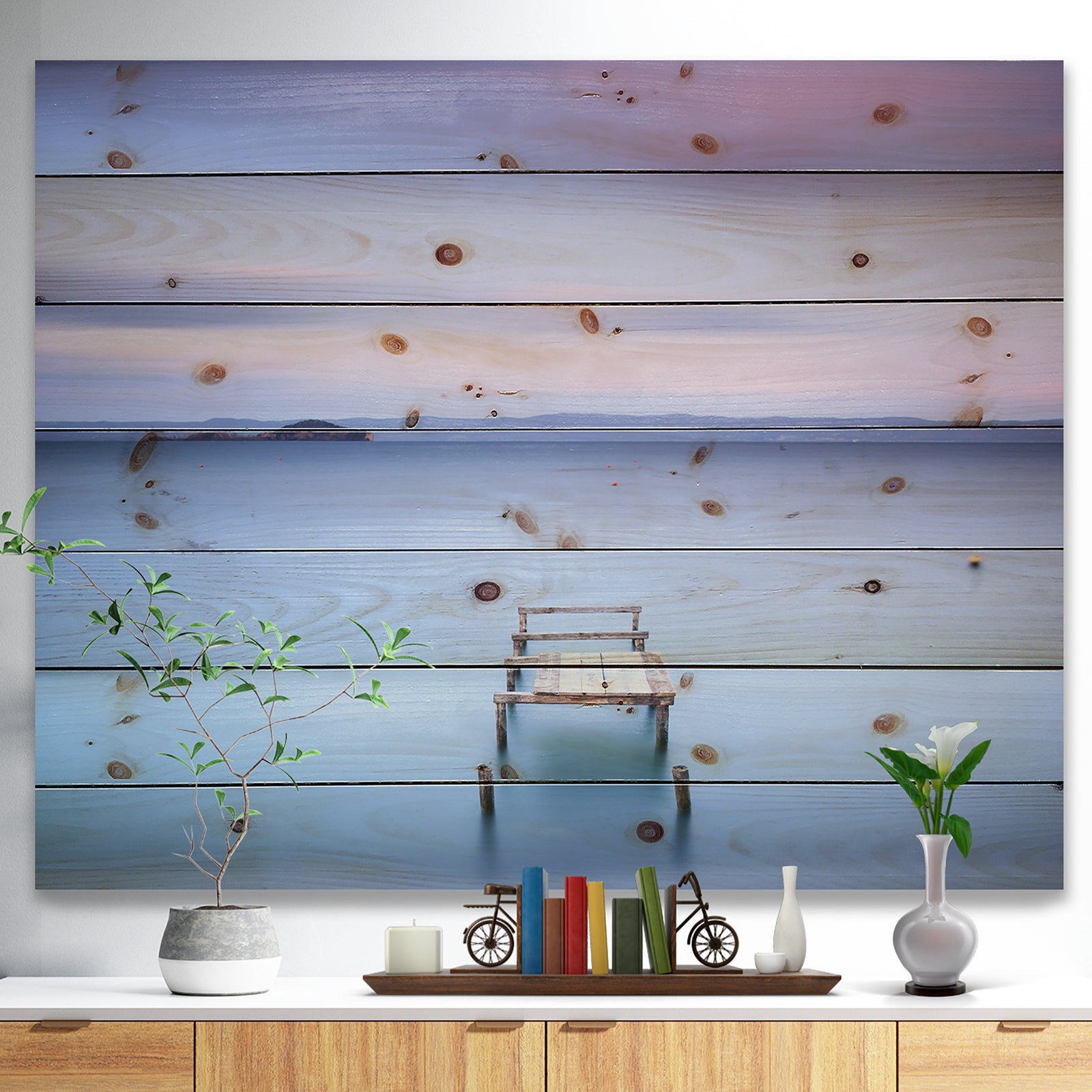 Bright Purple Sky - Seascape Print on Natural Pine Wood