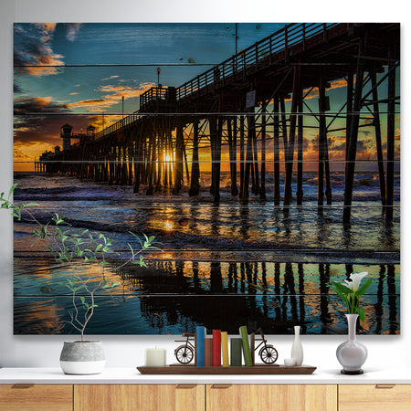 Oceanside Pier at Evening - Landscape Photography Print on Natural Pine Wood