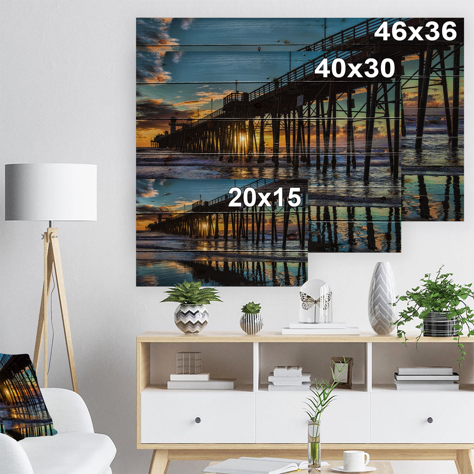 Oceanside Pier at Evening - Landscape Photography Print on Natural Pine Wood