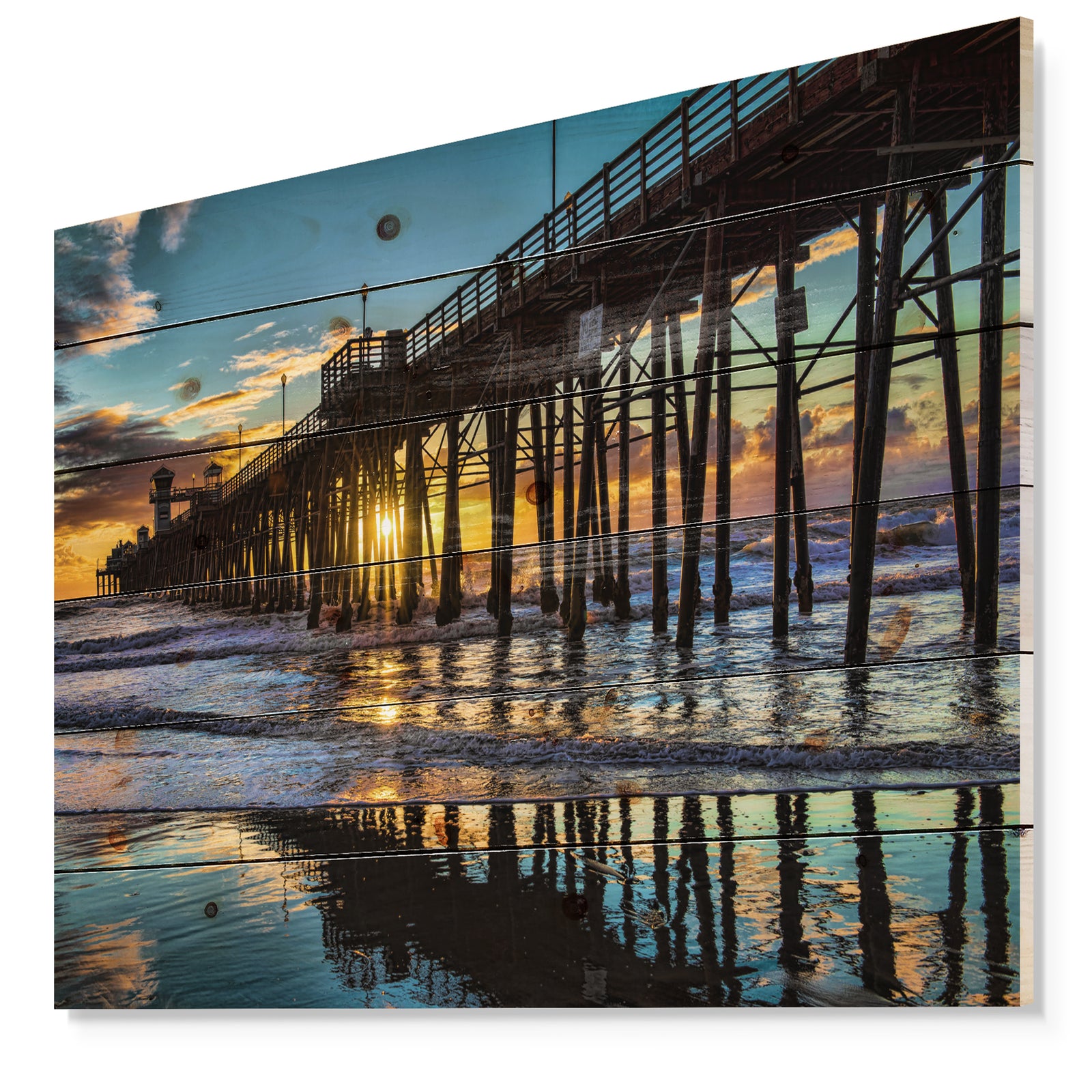 Oceanside Pier at Evening - Landscape Photography Print on Natural Pine Wood