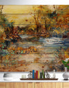 River in Forest Oil Painting - Landscape Print on Natural Pine Wood