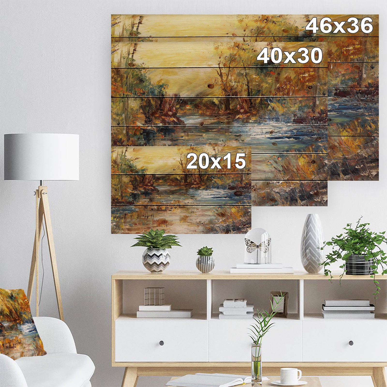 River in Forest Oil Painting - Landscape Print on Natural Pine Wood