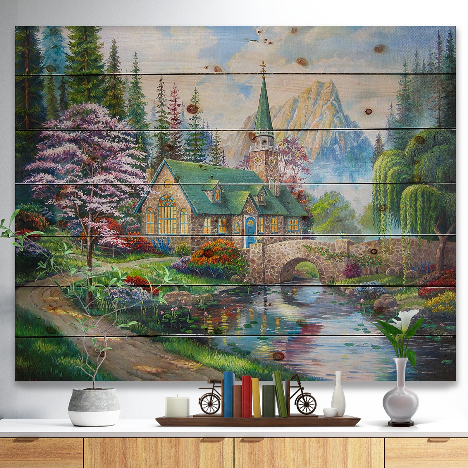 Church in Forest Oil Painting - Landscape Painting Print on Natural Pine Wood