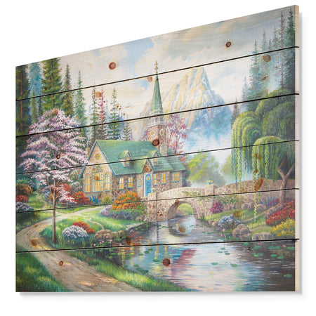 Church in Forest Oil Painting - Landscape Painting Print on Natural Pine Wood