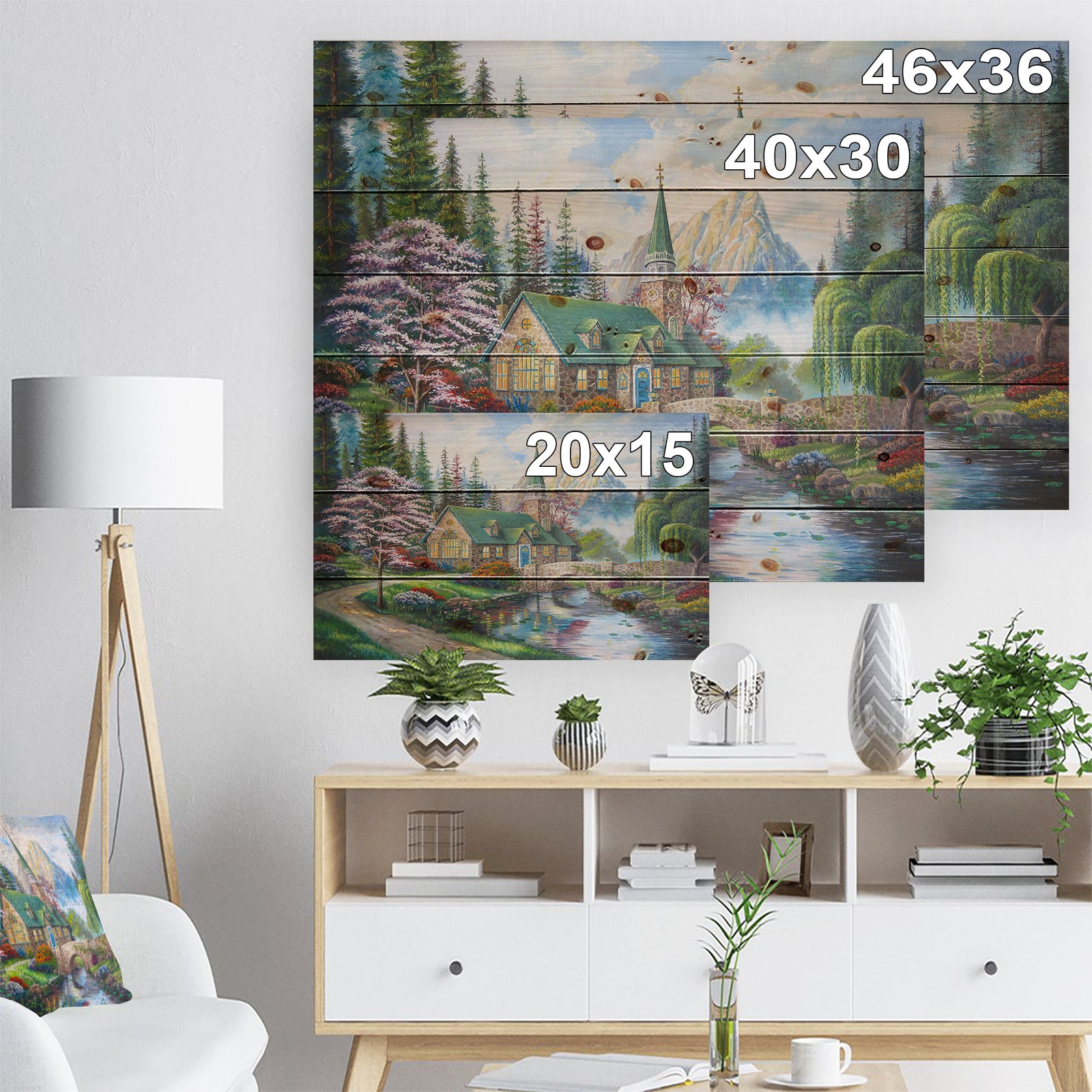 Church in Forest Oil Painting - Landscape Painting Print on Natural Pine Wood