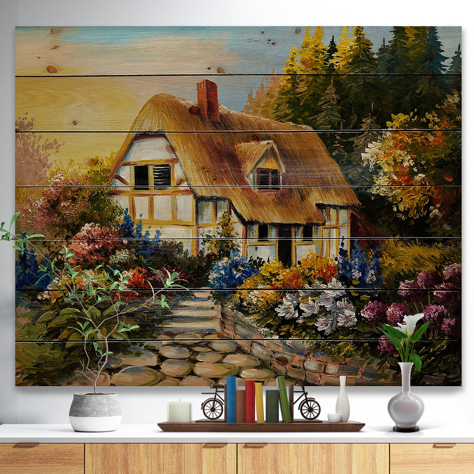 Fairy House Oil Painting - Landscape Print on Natural Pine Wood