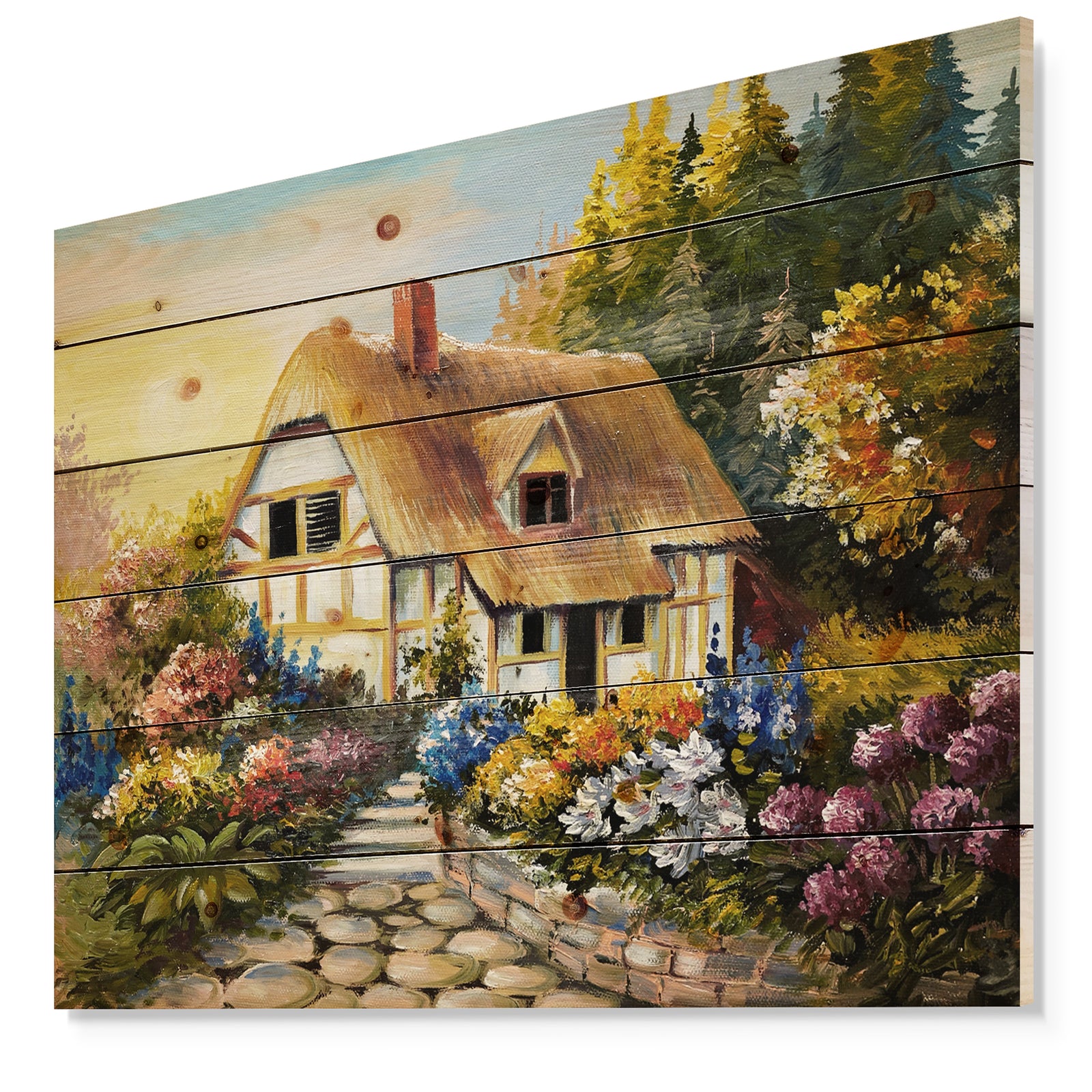 Fairy House Oil Painting - Landscape Print on Natural Pine Wood