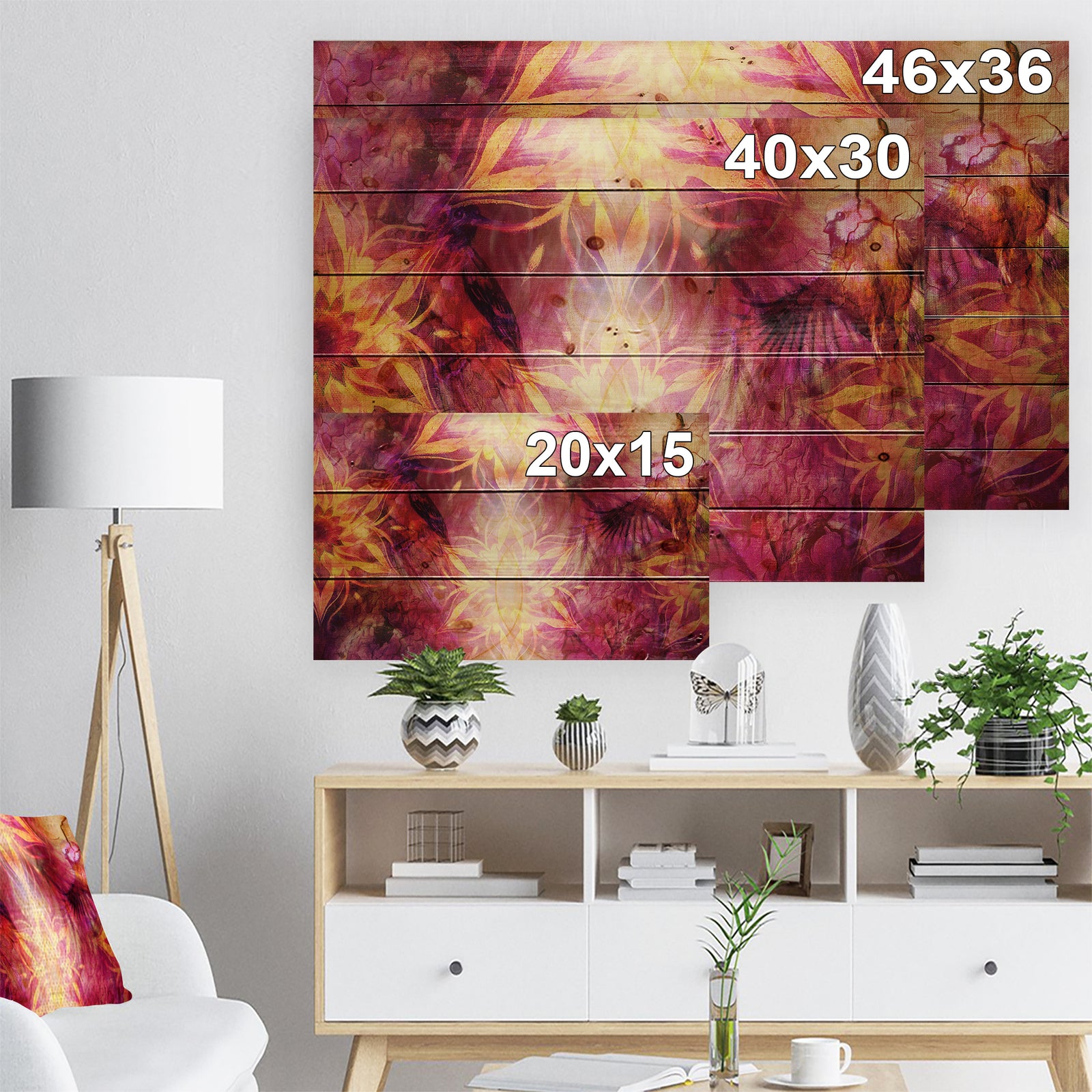 Titmouse Birds and Golden Mandala - Abstract Print on Natural Pine Wood