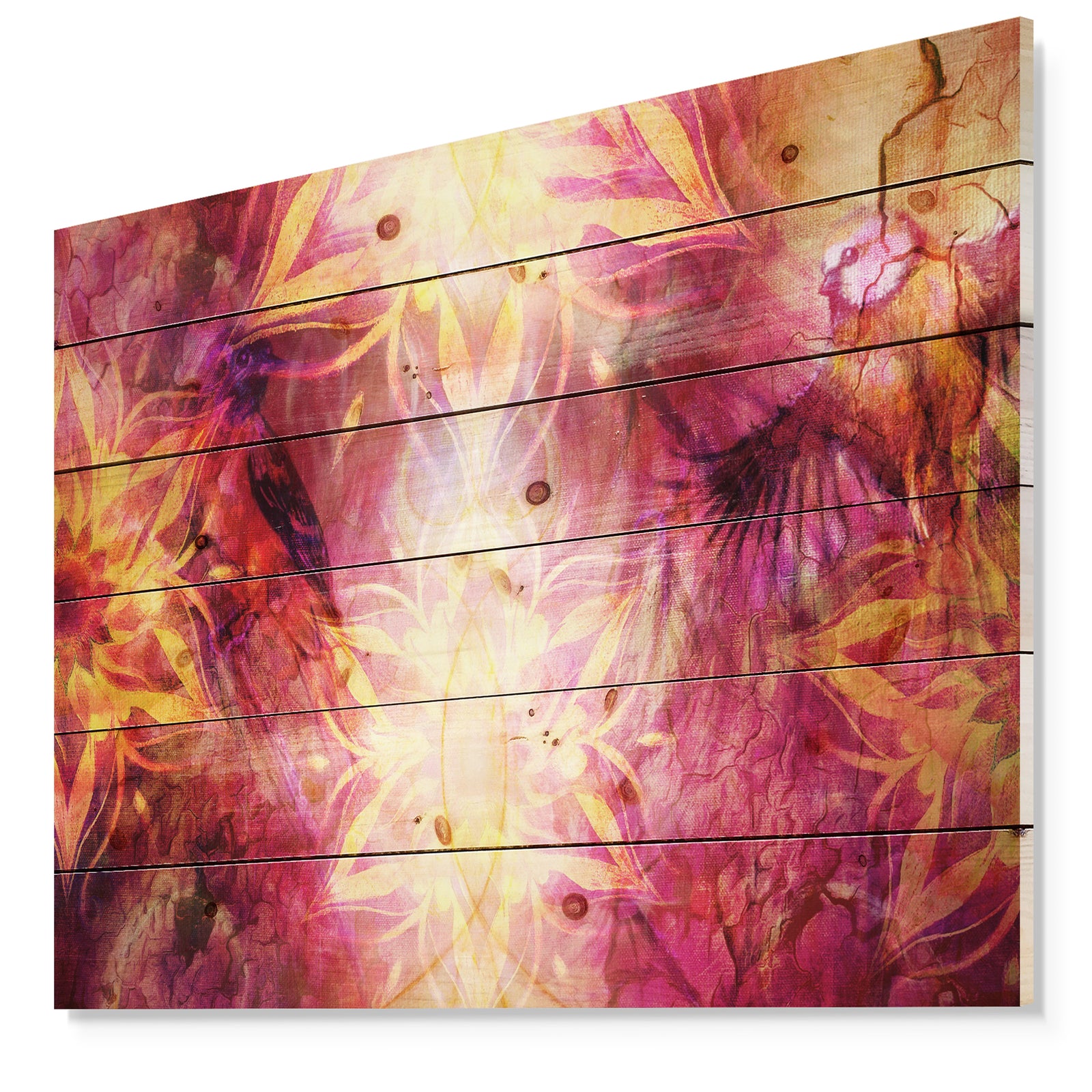 Titmouse Birds and Golden Mandala - Abstract Print on Natural Pine Wood