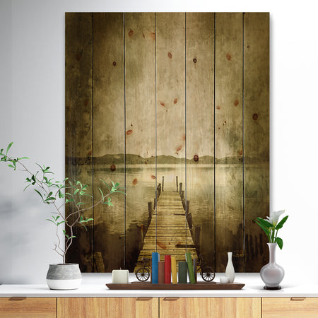 Vintage Pier Over Lake - Landscape Print on Natural Pine Wood