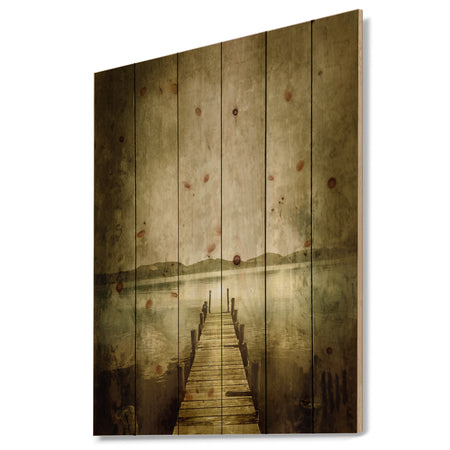 Vintage Pier Over Lake - Landscape Print on Natural Pine Wood