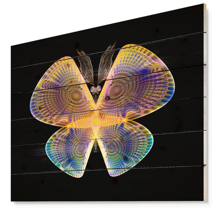Blue Yellow Fractal Butterfly in Dark - Abstract Print on Natural Pine Wood