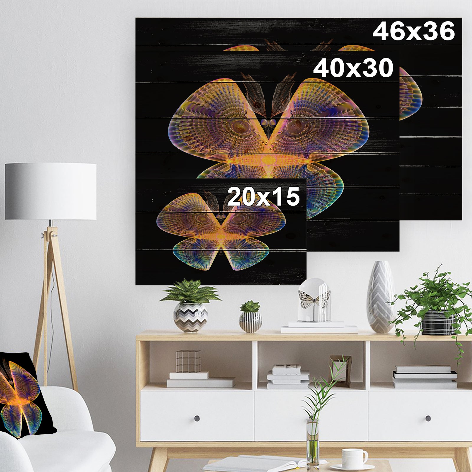 Blue Yellow Fractal Butterfly in Dark - Abstract Print on Natural Pine Wood