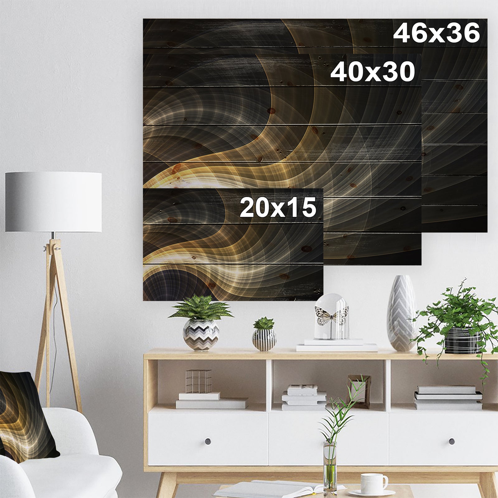 Yellow Fractal Light Art - Abstract Print on Natural Pine Wood