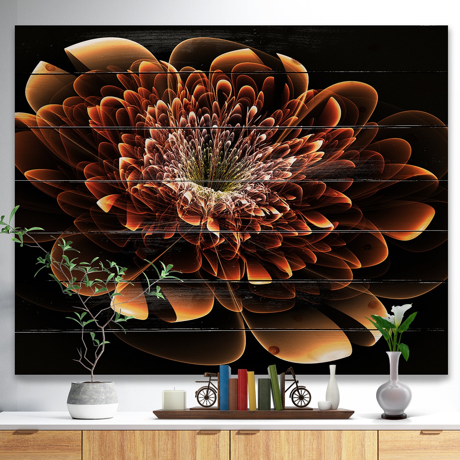 Brown Fractal Flower - Modern Floral Print on Natural Pine Wood