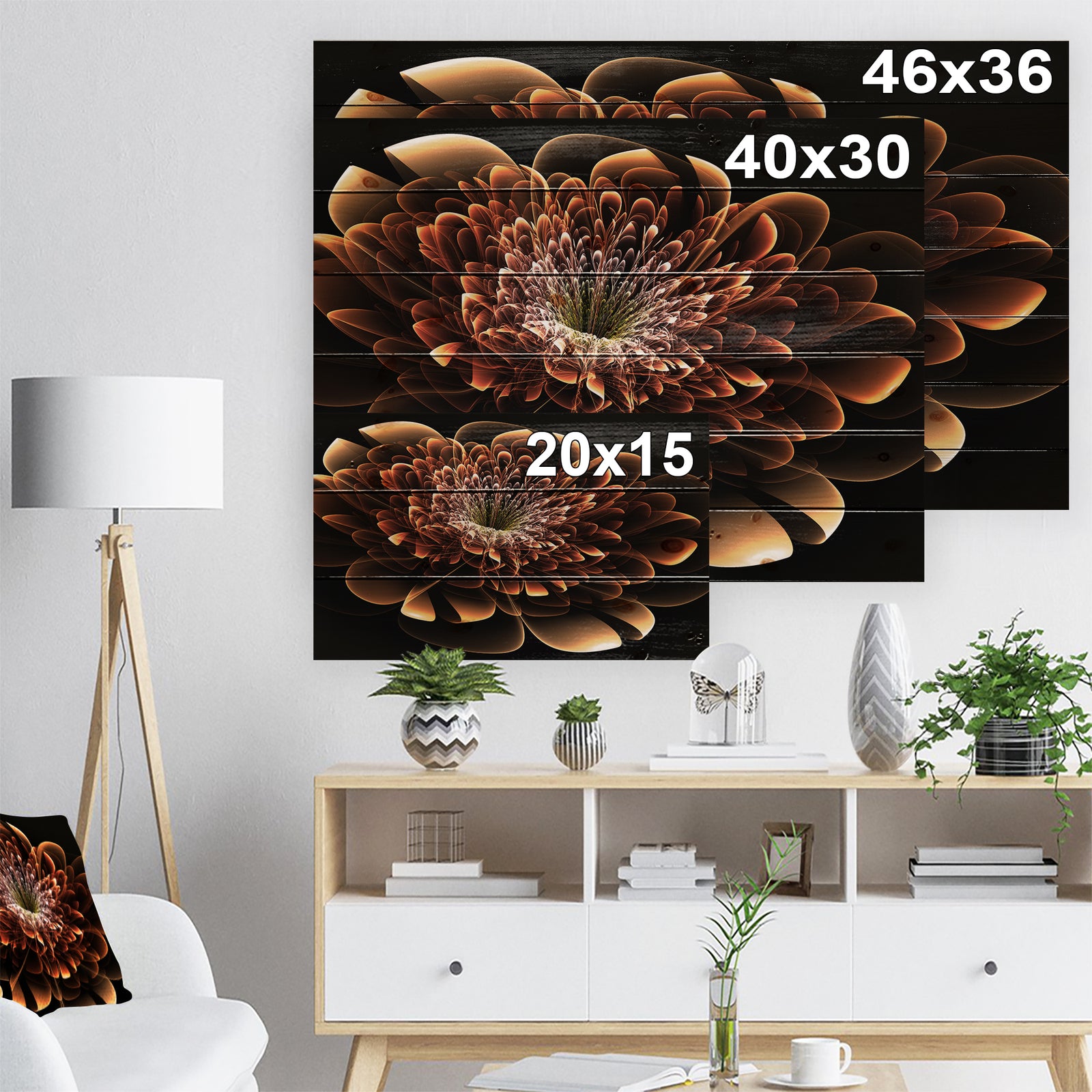 Brown Fractal Flower - Modern Floral Print on Natural Pine Wood