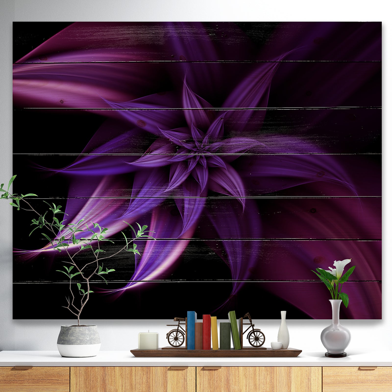 Fractal Flower Purple - Floral Art Print on Natural Pine Wood