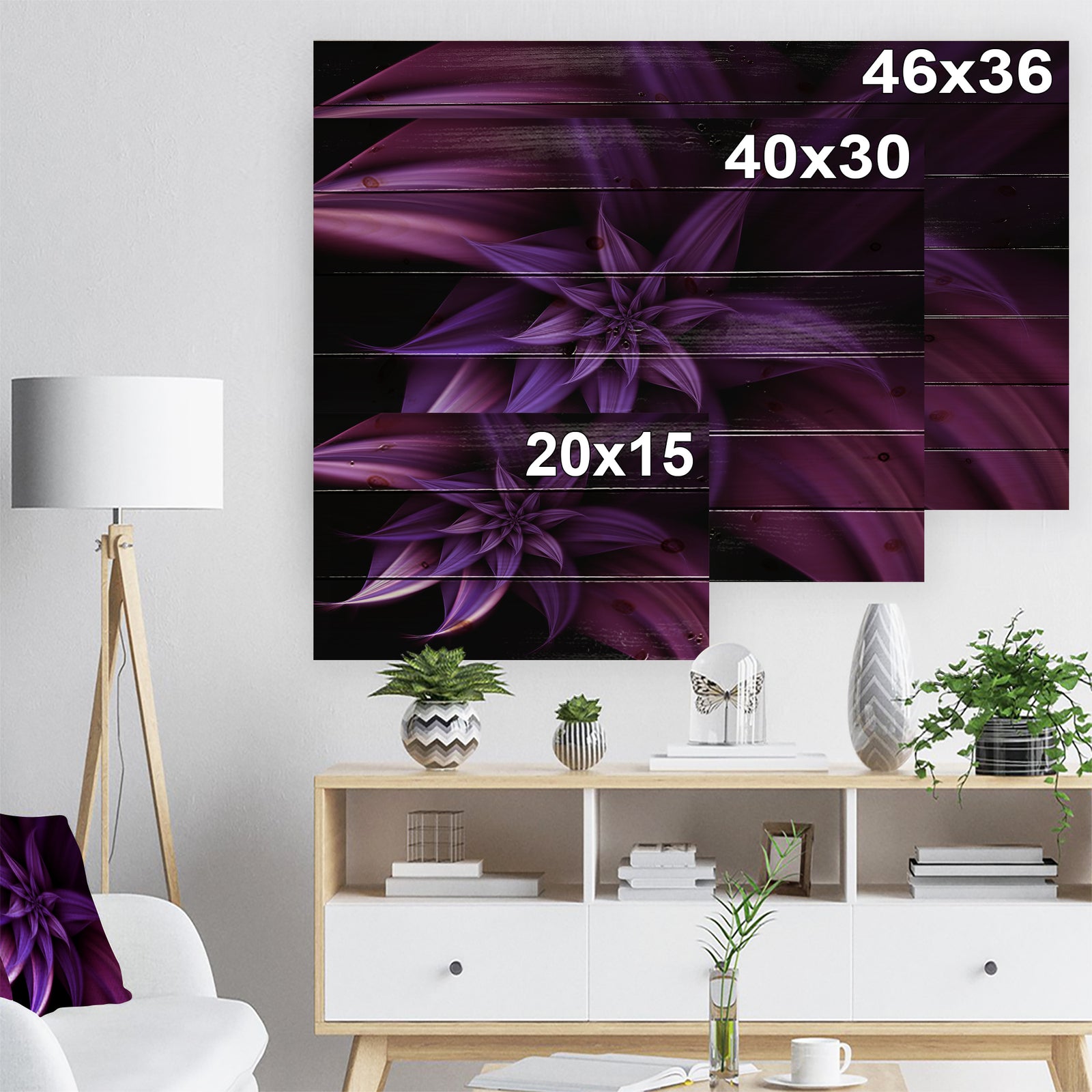 Fractal Flower Purple - Floral Art Print on Natural Pine Wood