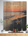Summer Beach with Starfish - Beach and Shore Print on Natural Pine Wood