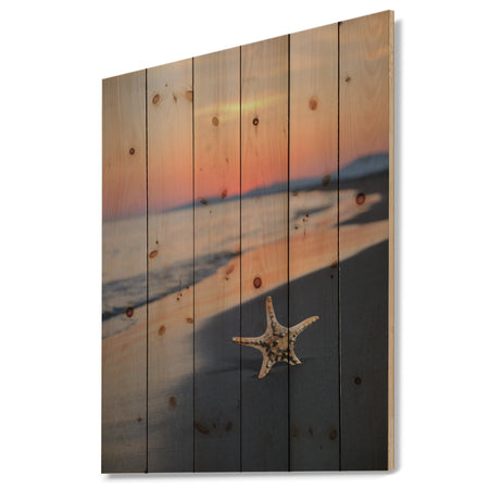Summer Beach with Starfish - Beach and Shore Print on Natural Pine Wood