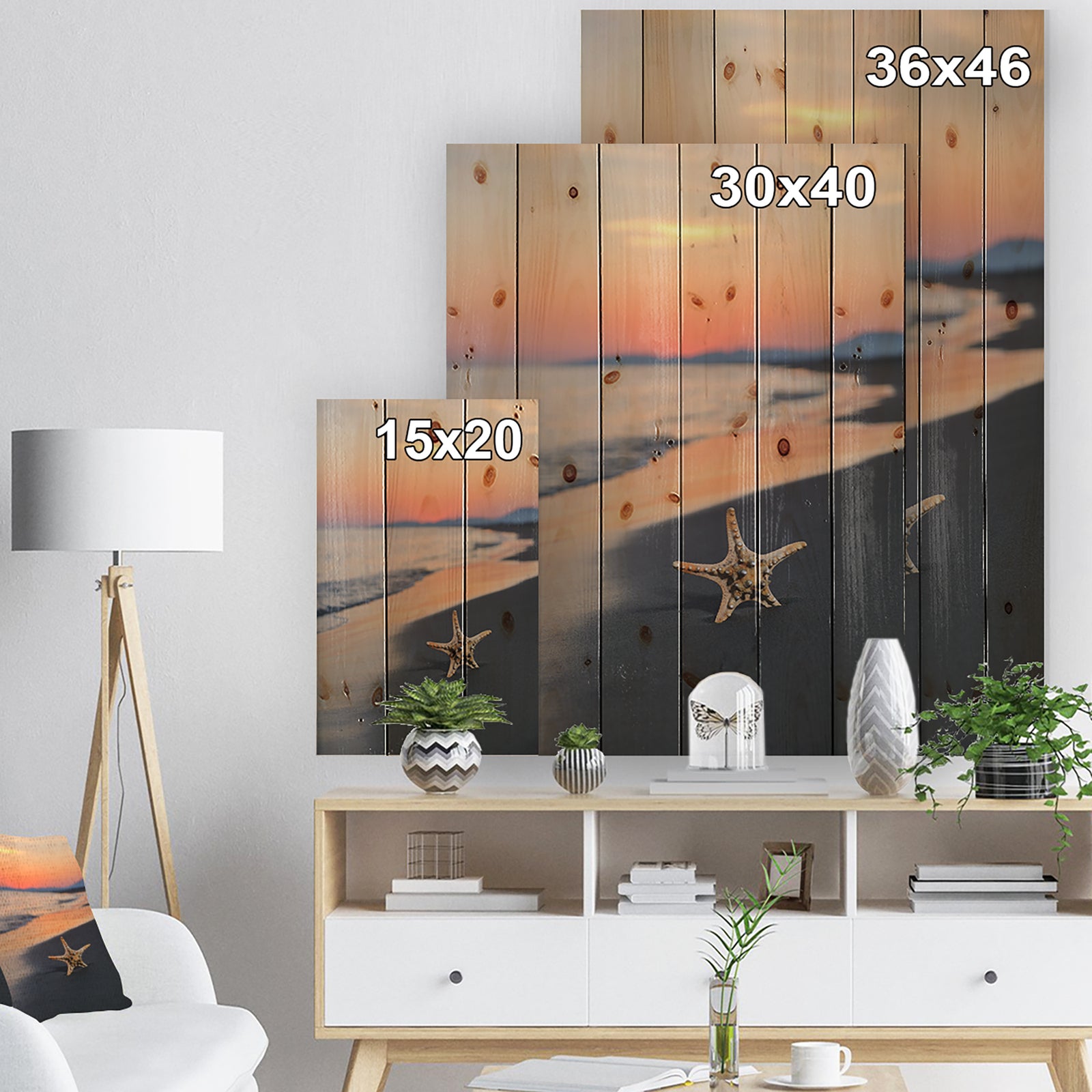 Summer Beach with Starfish - Beach and Shore Print on Natural Pine Wood