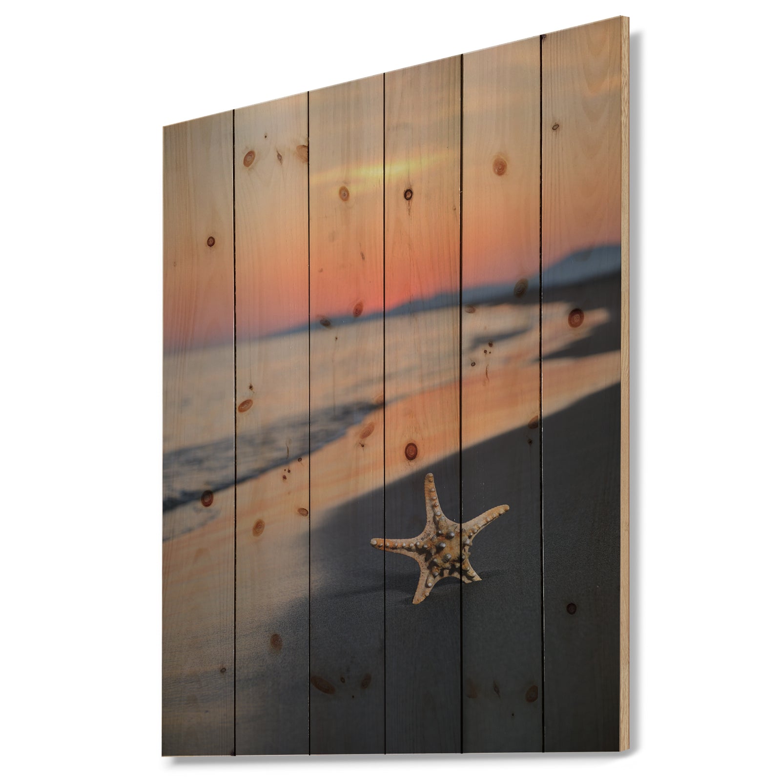 Summer Beach with Starfish - Beach and Shore Print on Natural Pine Wood