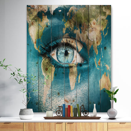 Planet Earth and Blue Eye - Abstract Print on Natural Pine Wood