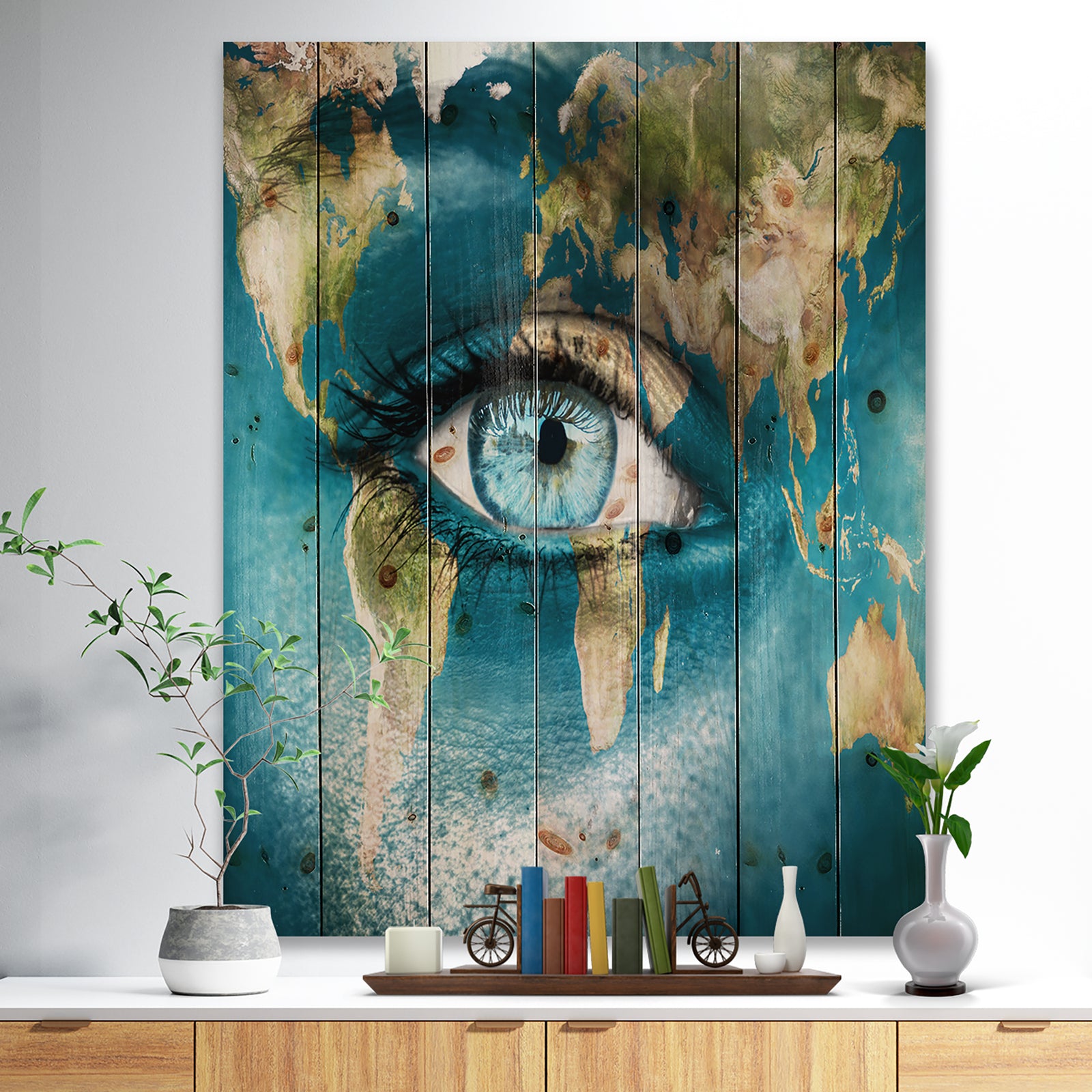 Planet Earth and Blue Eye - Abstract Print on Natural Pine Wood