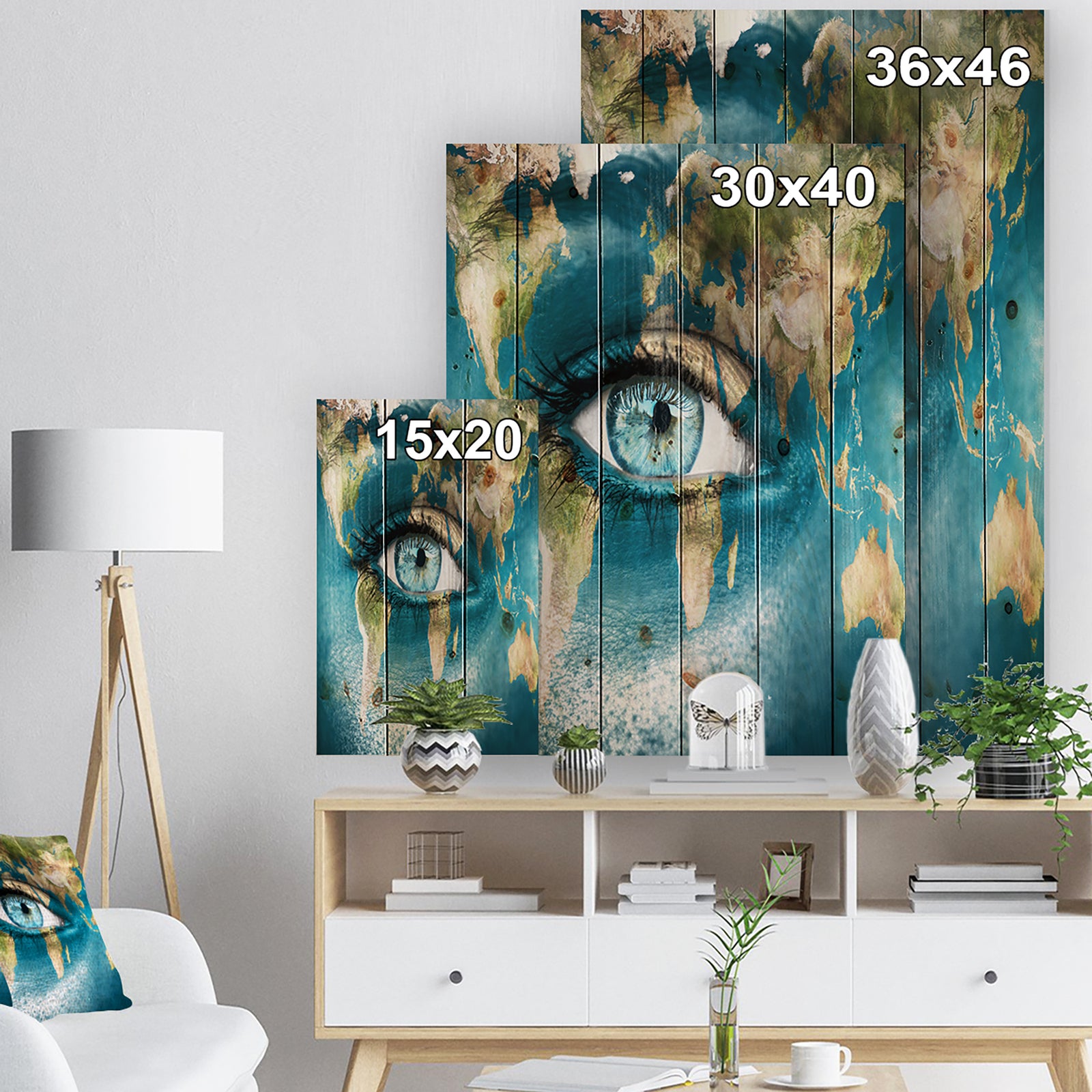 Planet Earth and Blue Eye - Abstract Print on Natural Pine Wood
