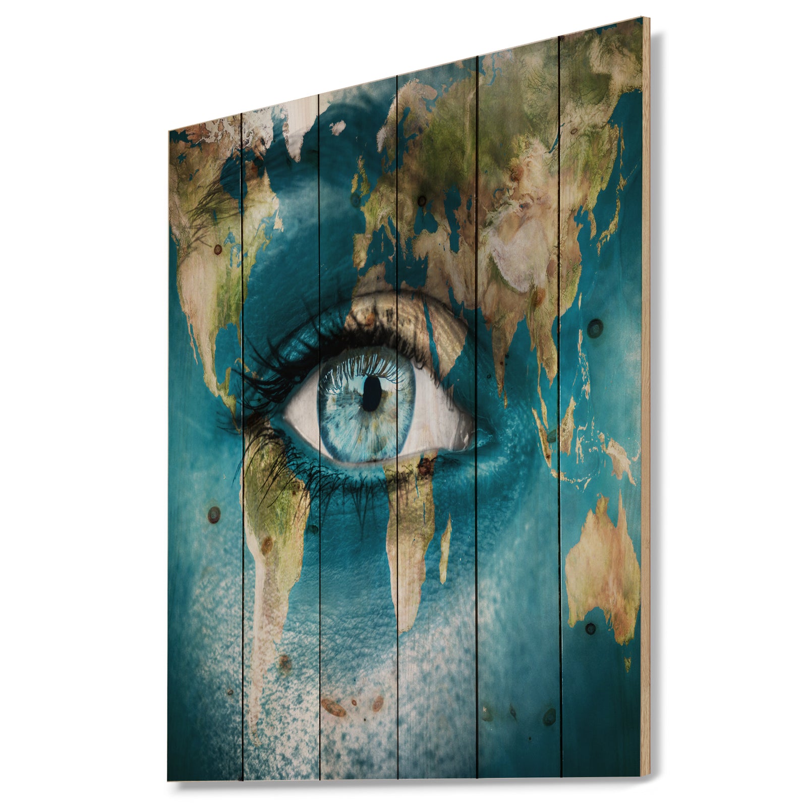Planet Earth and Blue Eye - Abstract Print on Natural Pine Wood