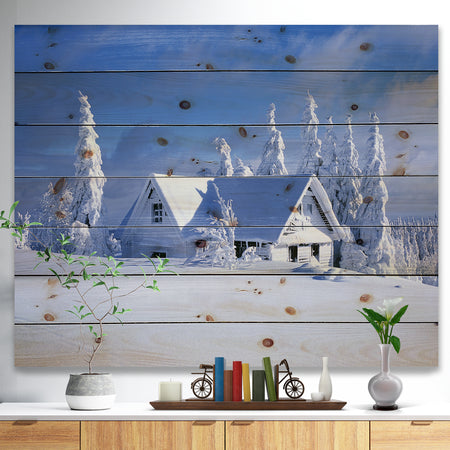 Orlicke Hory Cottage in Winter - Landscape Photography Print on Natural Pine Wood