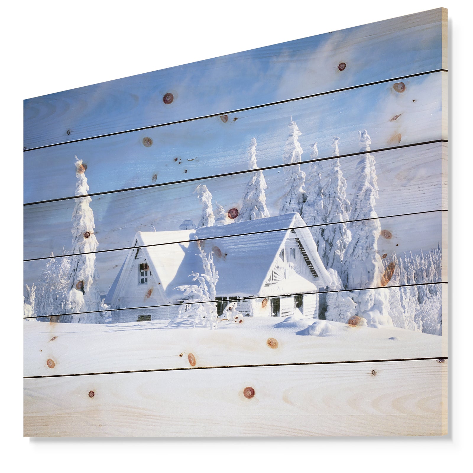 Orlicke Hory Cottage in Winter - Landscape Photography Print on Natural Pine Wood