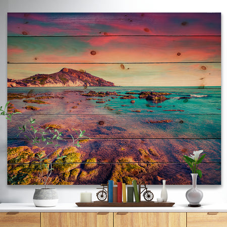 Giallonardo Beach Colorful Sunset - Seashore Photo Print on Natural Pine Wood