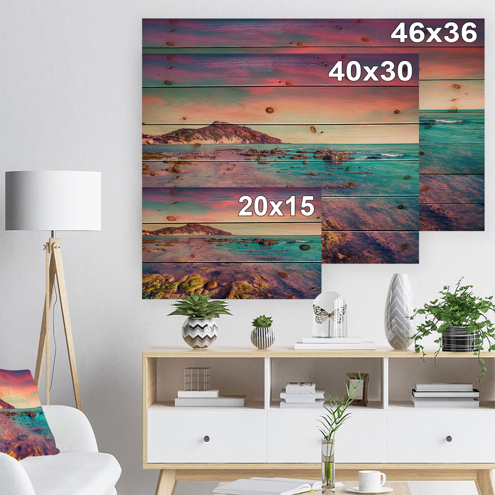 Giallonardo Beach Colorful Sunset - Seashore Photo Print on Natural Pine Wood