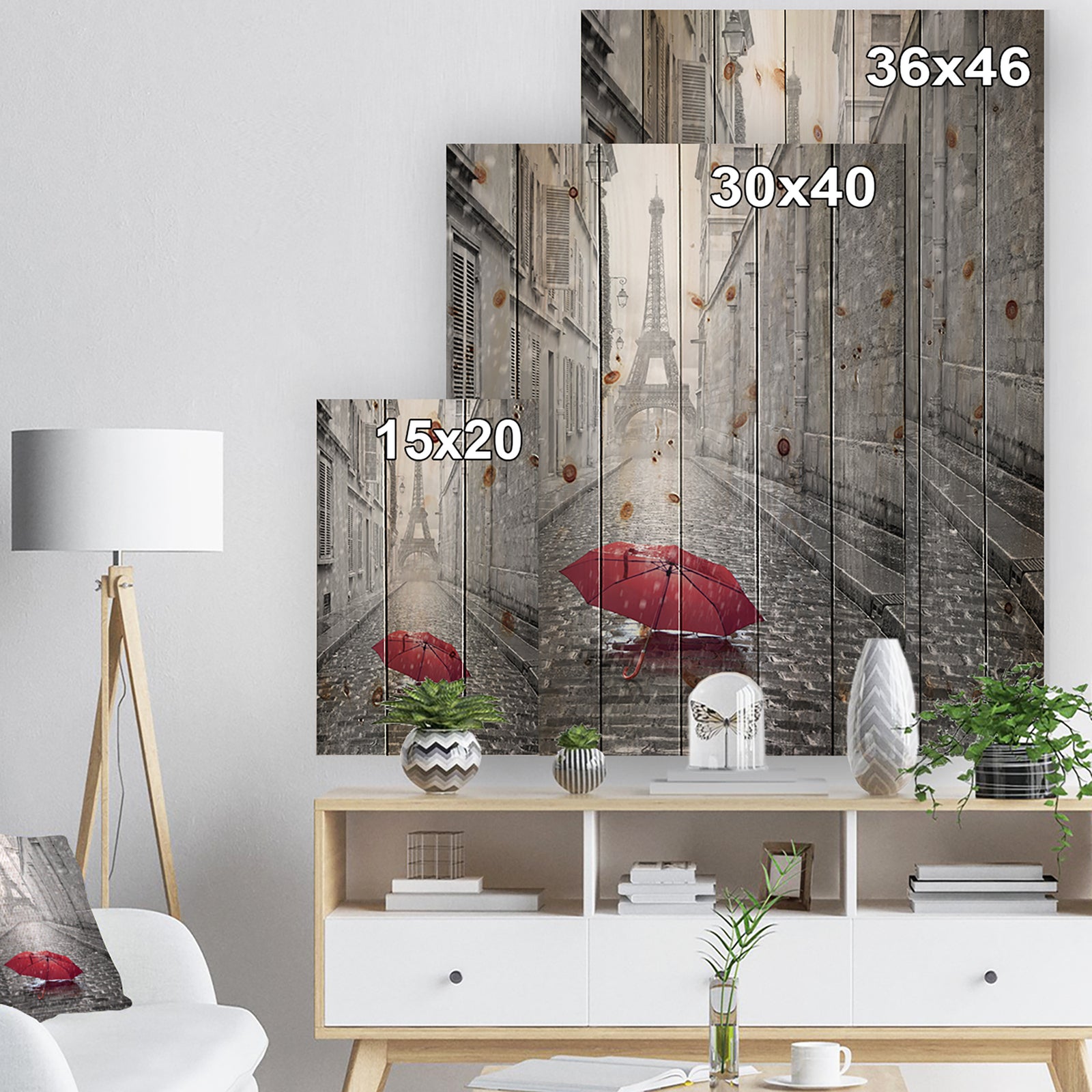 Eiffel View from Paris Street - Cityscape Photo Print on Natural Pine Wood