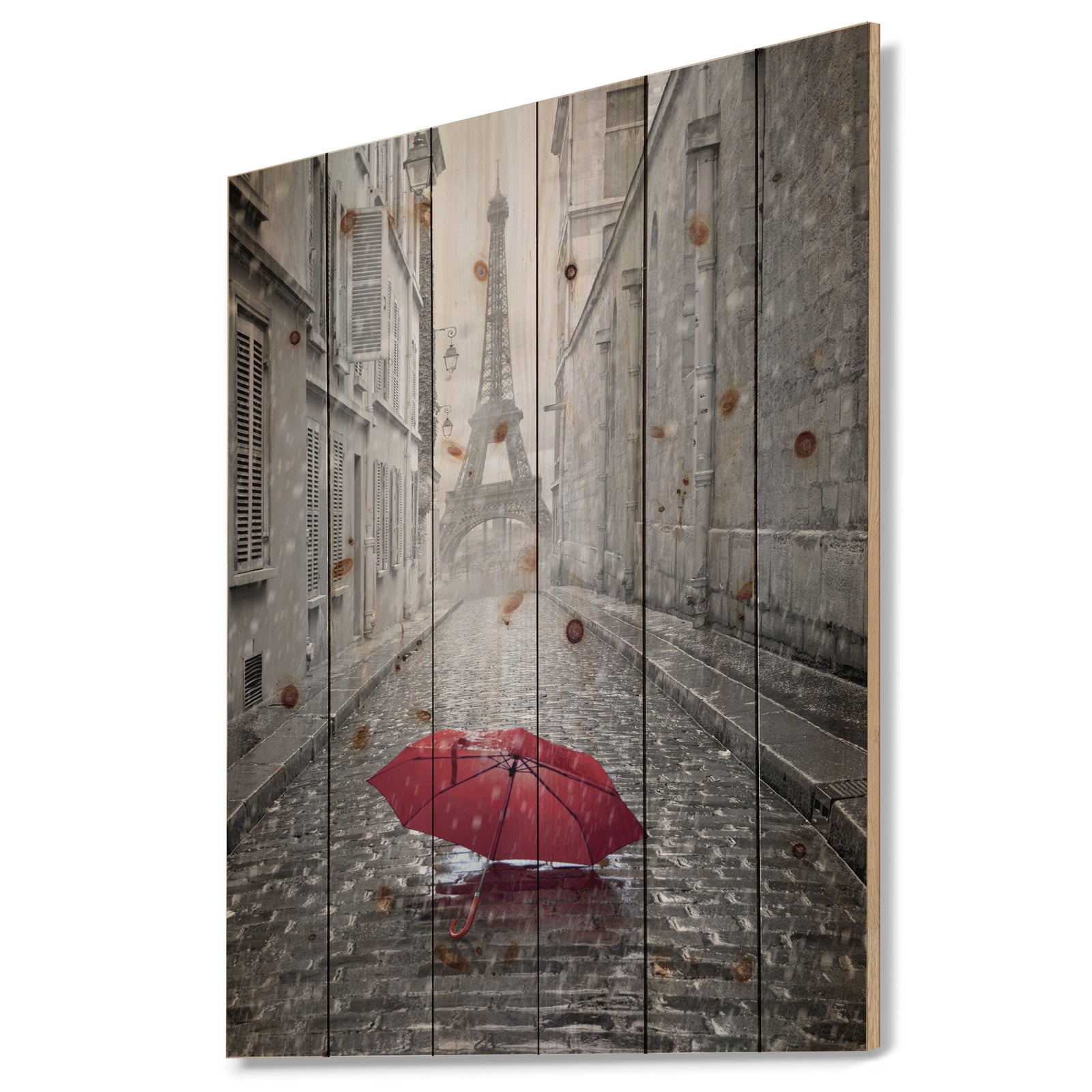 Eiffel View from Paris Street - Cityscape Photo Print on Natural Pine Wood