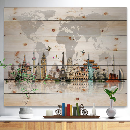 Famous Monuments Across World Map - Print on Natural Pine Wood