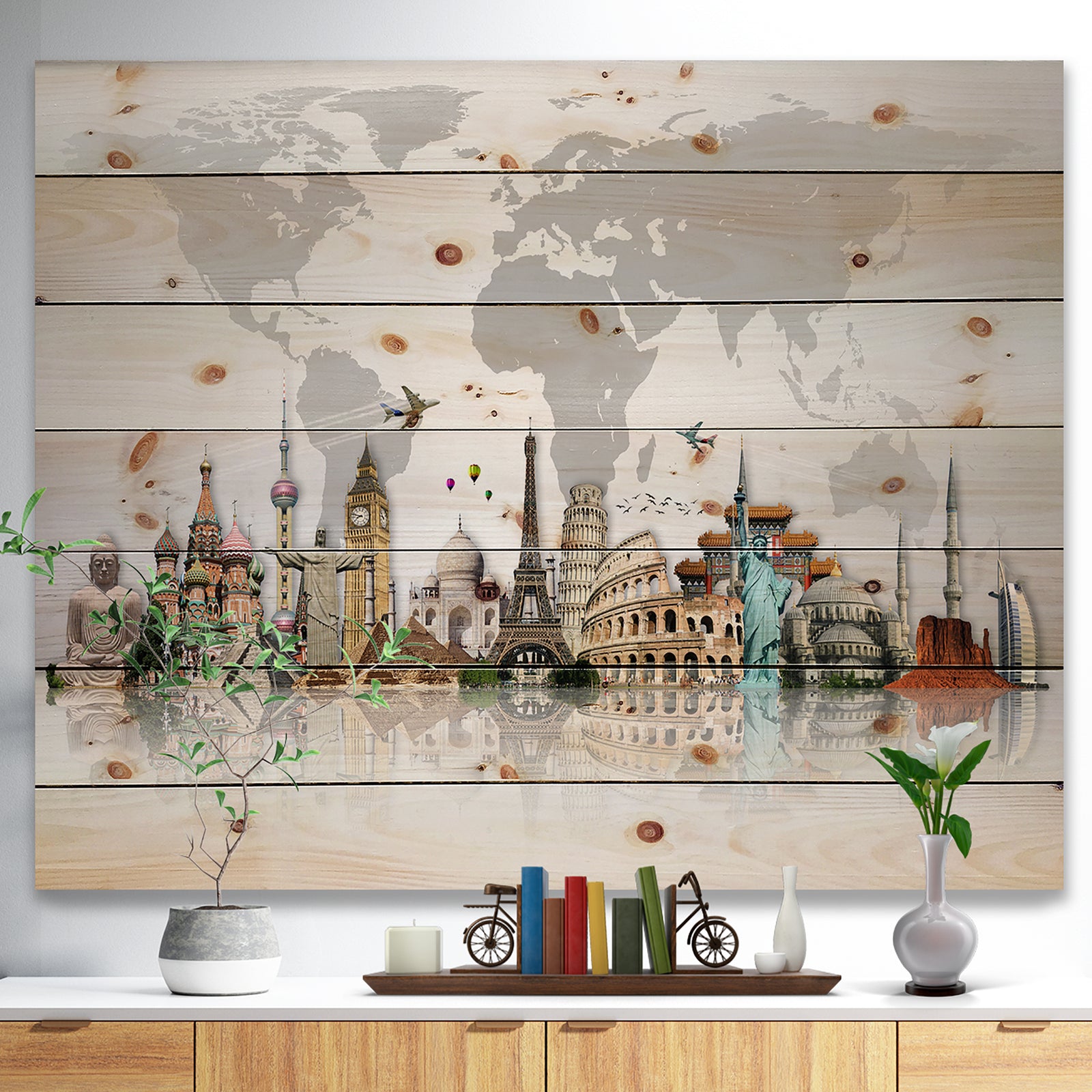 Famous Monuments Across World Map - Print on Natural Pine Wood