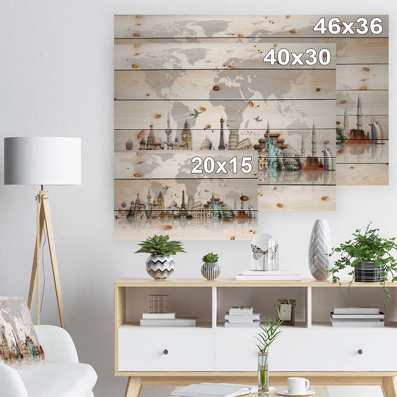 Famous Monuments Across World Map - Print on Natural Pine Wood