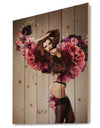 Nude Woman with Pink Flowers - Large Portrait Print on Natural Pine Wood