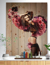 Nude Woman with Pink Flowers - Large Portrait Print on Natural Pine Wood